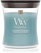 Woodwick Cedarwood & Ocean Moss dišeča sveča z lesenim stenjem 85 g