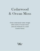 Woodwick Cedarwood & Ocean Moss dišeča sveča z lesenim stenjem 85 g