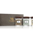 Woodwick Fireside + White Teak + Sand & Driftwood darilni set 3x85 g