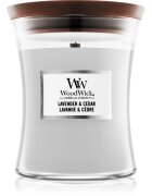 Woodwick Lavender & Cedar dišeča sveča z lesenim stenjem 275 g
