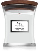 Woodwick Lavender & Cedar dišeča sveča z lesenim stenjem 85 g