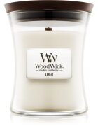 Woodwick Linen dišeča sveča z lesenim stenjem 275 g