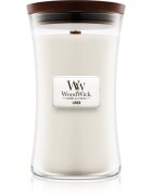 Woodwick Linen dišeča sveča z lesenim stenjem 609.5 g