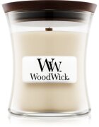 Woodwick Linen dišeča sveča z lesenim stenjem 85 g