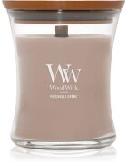 Woodwick Opulent Wood Patchouli Creme dišeča sveča z lesenim stenjem 275 g