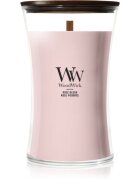 Woodwick Rose Blush dišeča sveča z lesenim stenjem 610 g