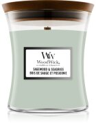 Woodwick Sagewood & Seagrass dišeča sveča z lesenim stenjem 275 g
