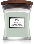 Woodwick Sagewood & Seagrass dišeča sveča z lesenim stenjem 85 g