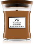 Woodwick Santal Myrrh dišeča sveča z lesenim stenjem 275 g