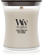 Woodwick Tonka & Almond Milk dišeča sveča z lesenim stenjem 275 g