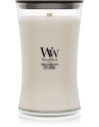 Woodwick Tonka & Almond Milk dišeča sveča z lesenim stenjem 610 g