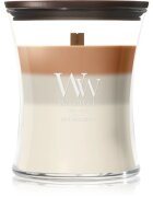 Woodwick Trilogy Café Macchiato dišeča sveča z lesenim stenjem 275 g
