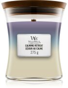 Woodwick Trilogy Calming Retreat dišeča sveča z lesenim stenjem 275 g
