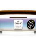 Woodwick Trilogy Calming Retreat dišeča sveča z lesenim stenjem (hearthwick) 453.6 g