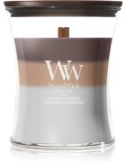 Woodwick Trilogy Radiant Cashmere dišeča sveča z lesenim stenjem 275 g