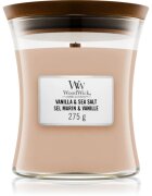 Woodwick Vanilla & Sea Salt dišeča sveča z lesenim stenjem 275 g