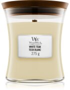 Woodwick White Teak dišeča sveča z lesenim stenjem 275 g