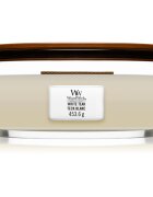 Woodwick White Teak dišeča sveča z lesenim stenjem (hearthwick) 453.6 g