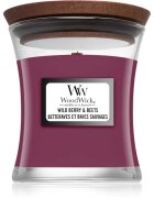Woodwick Wild Berry & Beets dišeča sveča z lesenim stenjem 85 g