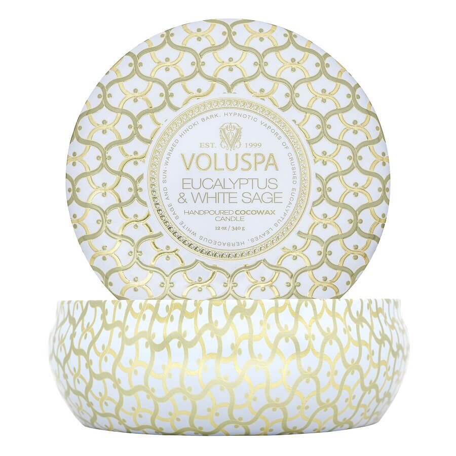 VOLUSPA Eucalyptus & White Sage 3 Wick Tin Candle Dišeča Sveča 340 g