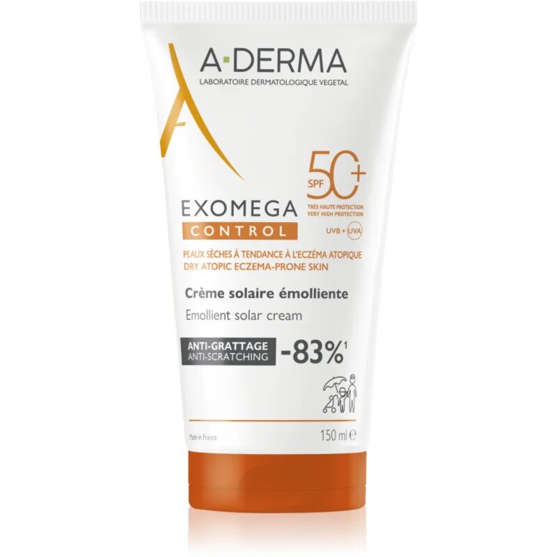 A-Derma Exomega Control Emollient Solar Cream zaščitna krema za obraz in telo SPF 50+ 150 ml