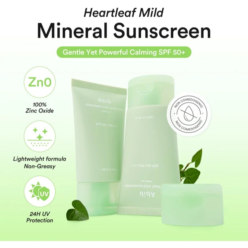 Abib Heartleaf Mild Sunscreen Relief Tube krema za sončenje za obraz s pomirjajočim učinkom SPF 50+ 50 ml
