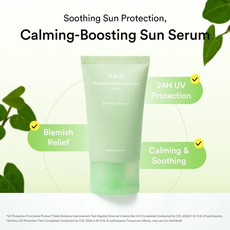 Abib Heartleaf Mild Sunscreen Relief Tube krema za sončenje za obraz s pomirjajočim učinkom SPF 50+ 50 ml