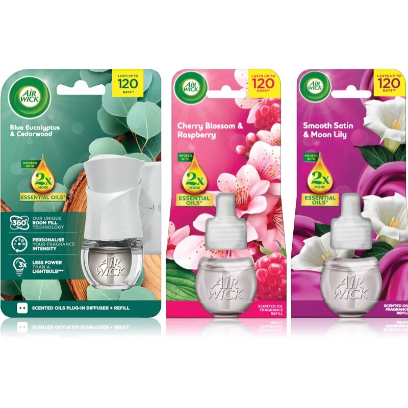 Air Wick Cherry Blossom & Rasberry Blue Eucalyptus & Cedarwood Essential Oils Smooth Satin & Moon Li osvežilec zraka