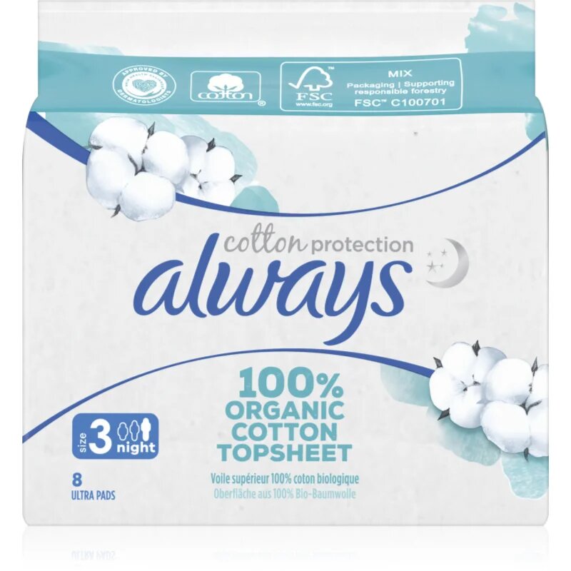 Always Cotton Protection Night vložki brez dodanih dišav 8 kos