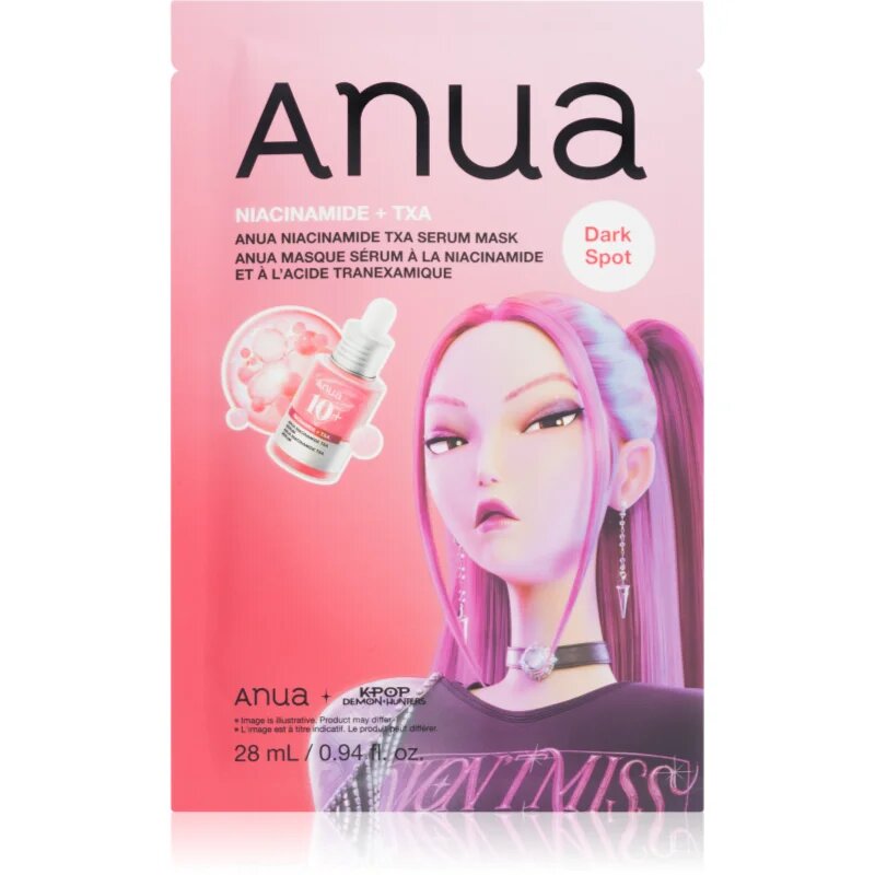 Anua K-Pop Demon Hunters Niacinamide TXA Serum Mask revitalizacijska maska iz platna z vlažilnim učinkom 28 ml