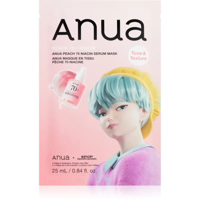 Anua K-Pop Demon Hunters Peach 70% Niacin Mask posvetlitvena maska za obraz s kolagenom 1 kos