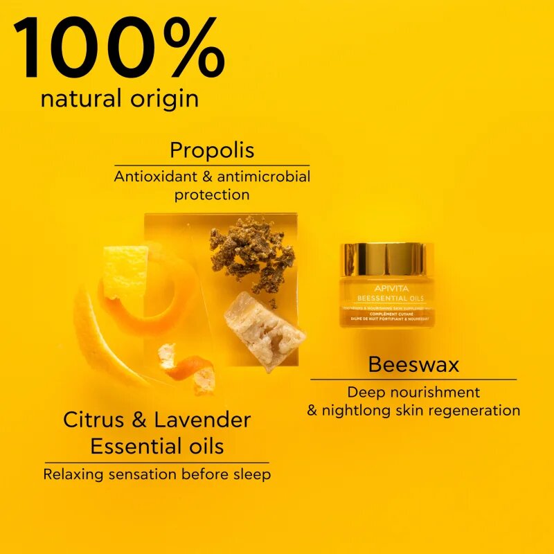 Apivita Beessential Oils Strengthening & Nourishing Night Balm nočni balzam za obraz za prehrano in hidracijo 15 ml
