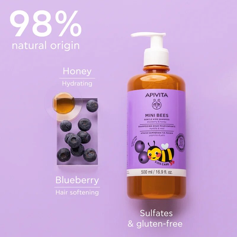 Apivita Mini Bees Gentle Kids Shampoo Blueberry & Honey šampon za tanke lase za otroke 500 ml