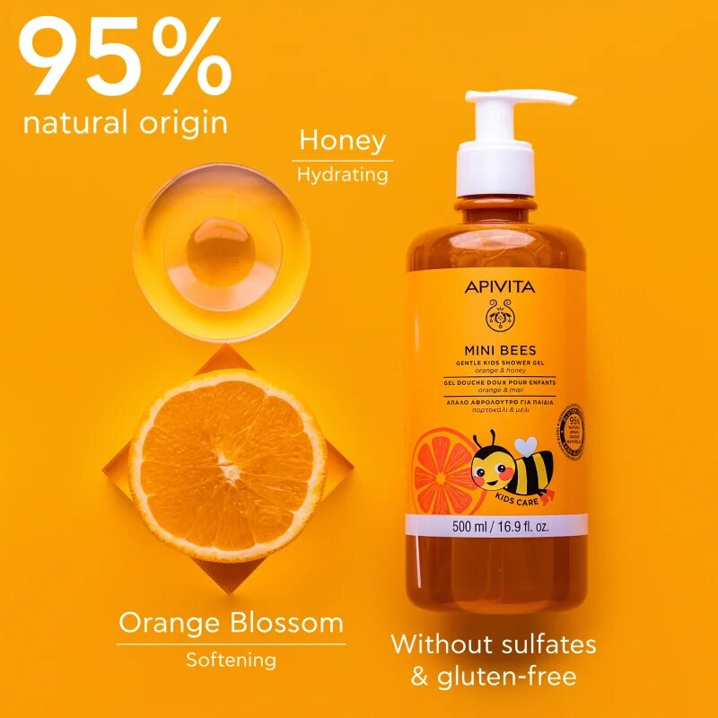 Apivita Mini Bees Gentle Kids Shower Gel Orange&Honey gel za prhanje za telo in lase za otroke 500 ml