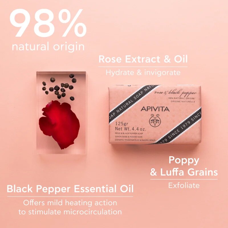Apivita Natural Soap Rose & Black Pepper čistilno trdo milo 125 g