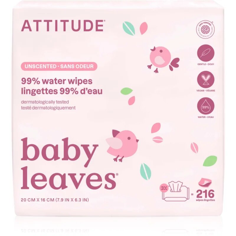 Attitude Baby Leaves Water Wipes vlažni robčki brez dišave 3x72 kos