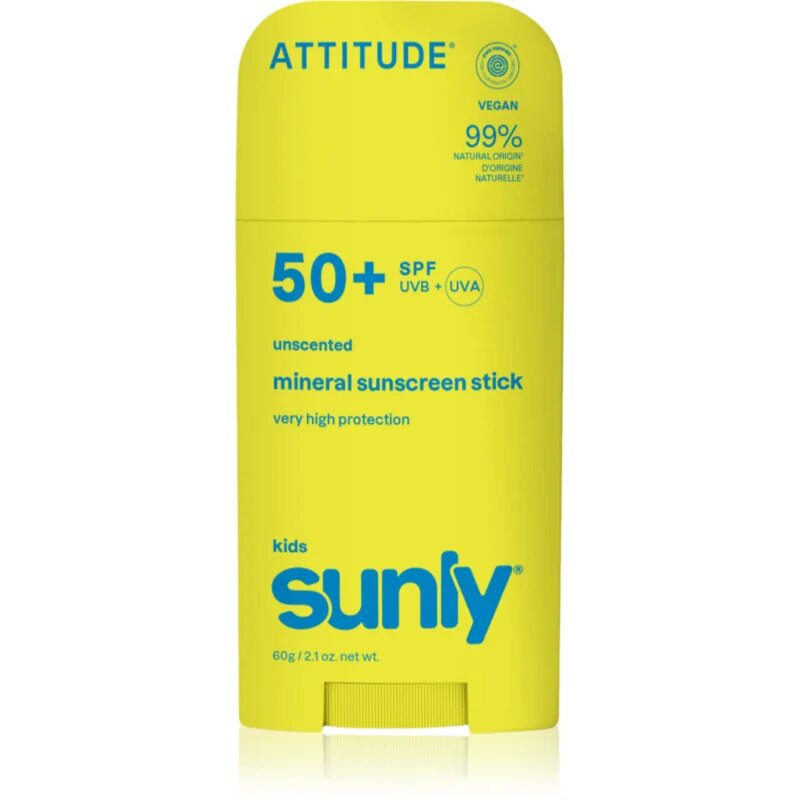 Attitude Sunly Kids Mineral Sunscreen Stick SPF 50+ mineralna zaščitna krema za obraz in telo v paličici za otroke 60 g