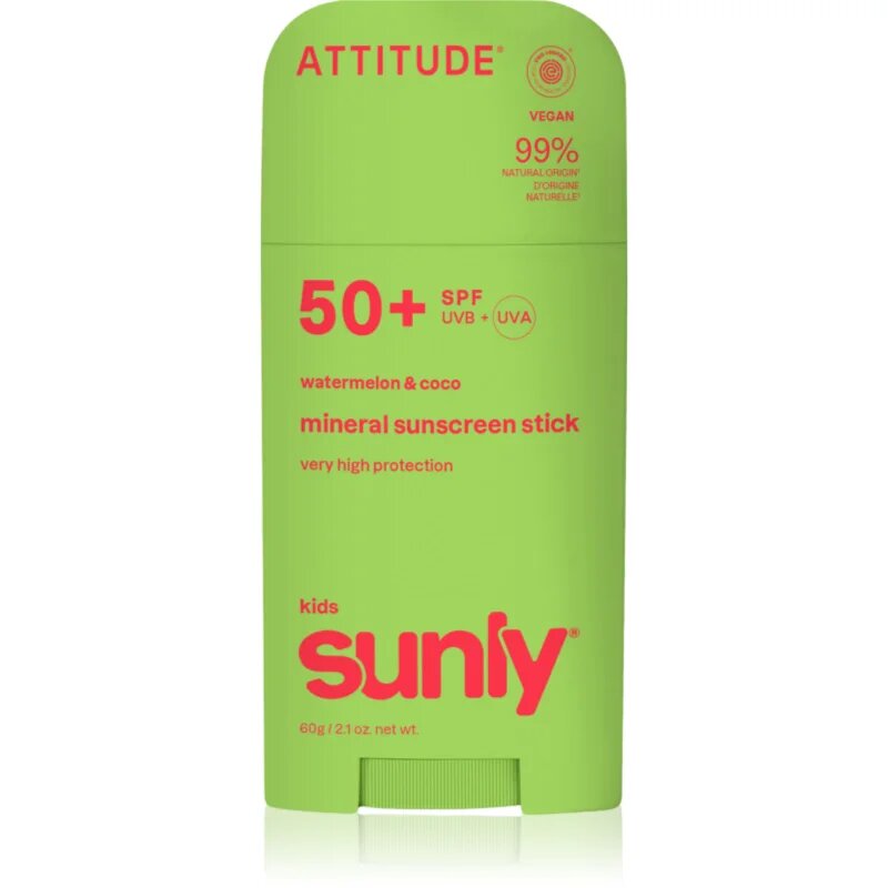 Attitude Sunly Kids Watermelon & Coco mineralna zaščitna krema za obraz in telo v paličici SPF 50+ 60 g