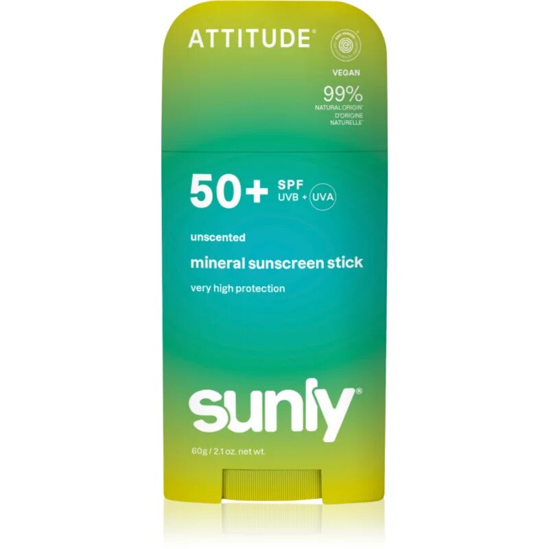 Attitude Sunly Mineral Sunscreen Stick SPF 50+ mineralna zaščitna krema za obraz in telo v paličici brez dišav 60 g