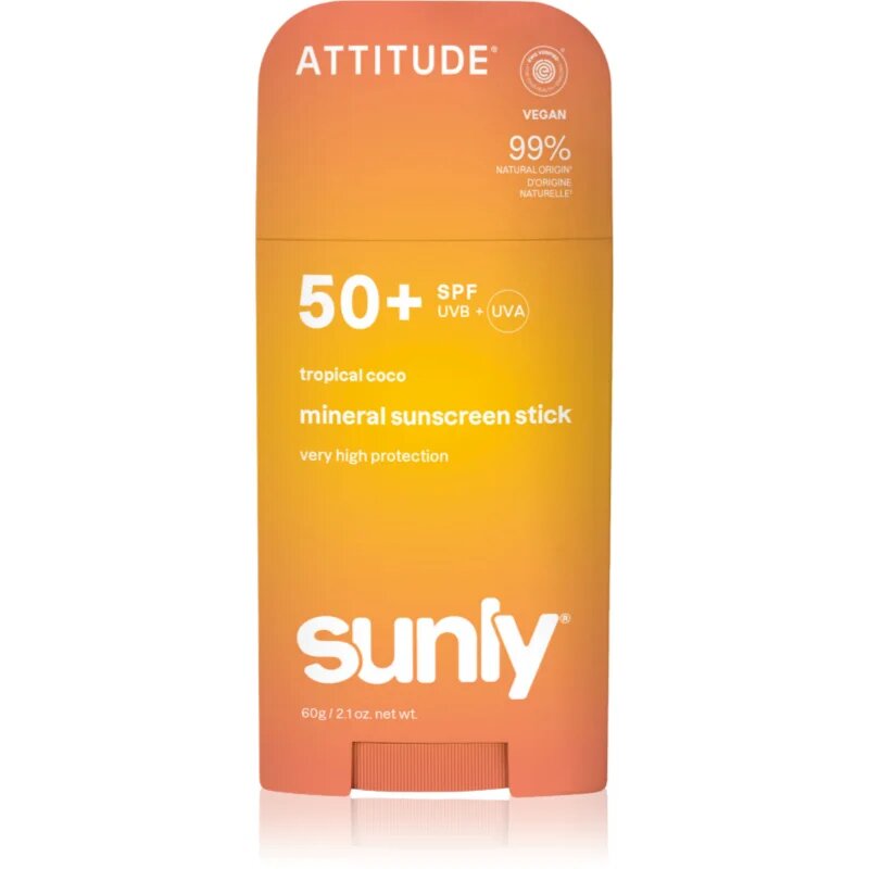 Attitude Sunly Tropical Coco mineralna zaščitna krema za obraz in telo v paličici SPF 50+ 60 g