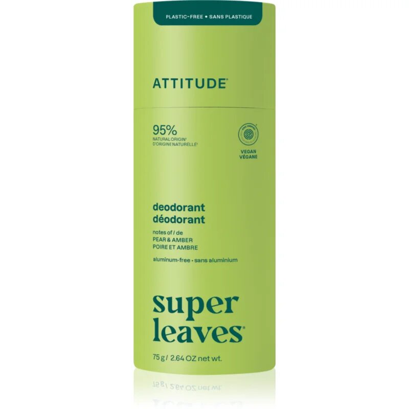 Attitude Super Leaves Natural Deodorant trdi deodorant brez aluminija Pear & Amber 75 g