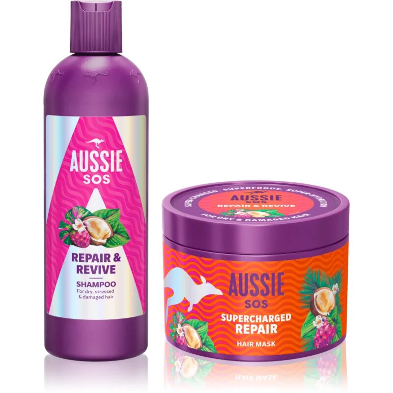 Aussie SOS Repair Revive & Repeat darilni set za obremenjene lase in lasišče