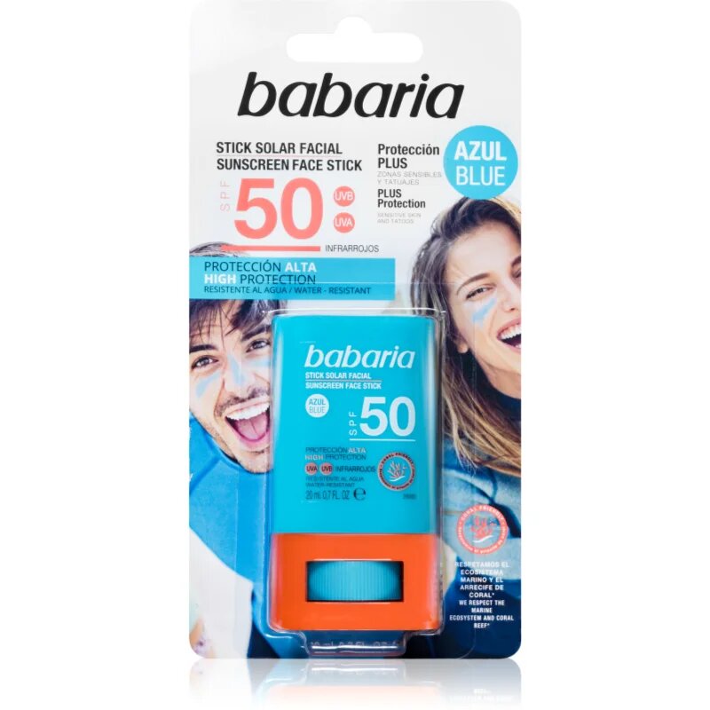 Babaria Blue Face Sun Stick zaščitna vlažilna paličica za obraz in občutljive predele SPF 50 20 ml