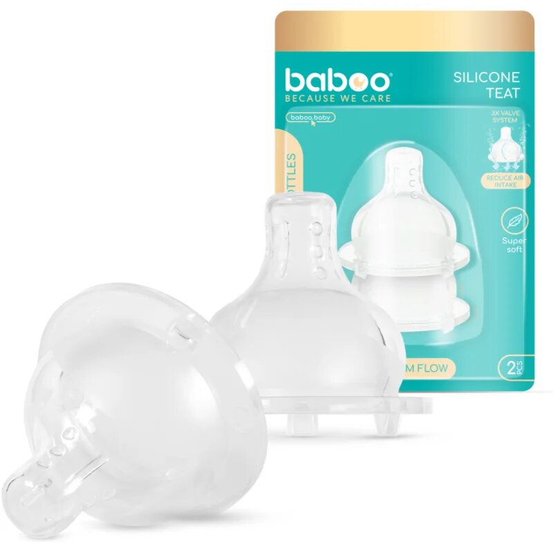 Baboo Premium Silicone Teat Medium Flow cucelj za stekleničko 3m+ 2 kos