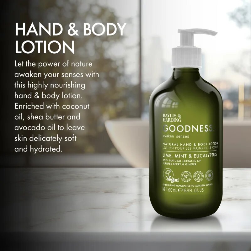 Baylis & Harding Goodness Awaken Senses losjon za roke in telo z osvežujočim učinkom dišave Lime Mint & Eucalyptus 500 ml