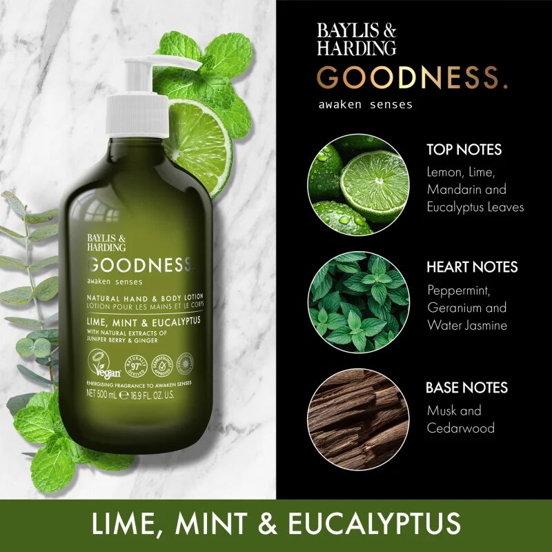Baylis & Harding Goodness Awaken Senses losjon za roke in telo z osvežujočim učinkom dišave Lime Mint & Eucalyptus 500 ml