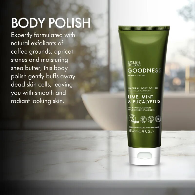 Baylis & Harding Goodness Awaken Senses osvežilni piling za telo dišave Lime Mint & Eucalyptus 225 ml