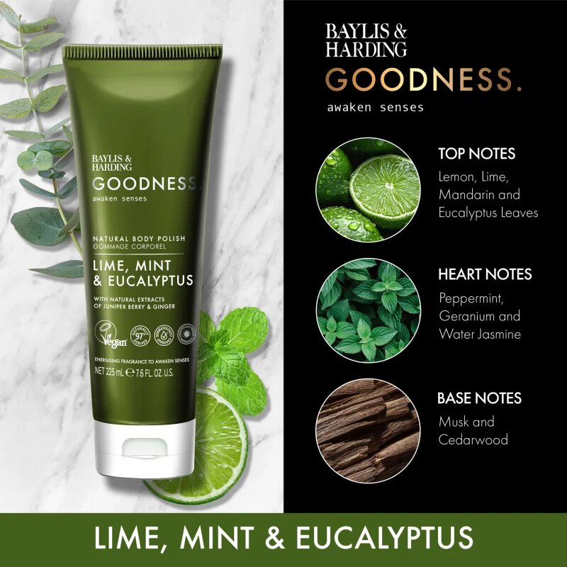 Baylis & Harding Goodness Awaken Senses osvežilni piling za telo dišave Lime Mint & Eucalyptus 225 ml