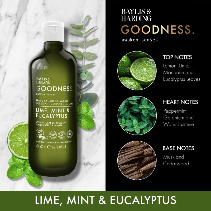 Baylis & Harding Goodness Awaken Senses osvežujoč gel za prhanje dišave Lime Mint & Eucalyptus 500 ml