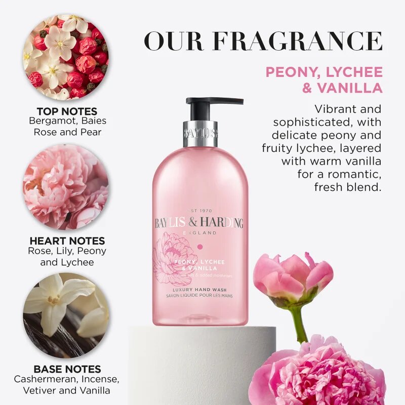 Baylis & Harding Peony Lychee & Vanilla tekoče milo za roke z vlažilnim učinkom 500 ml